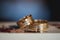 Wedding rings on colorful wooden box