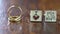 Wedding Rings and Cufflinks on the Wooden Table