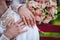 Wedding rings on the hands of the newlyweds. Golden rings on the hands of a guy and a girl