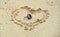 Wedding rings laying in sand in heart shape