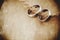 Wedding rings with old wood background