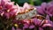 Wedding rings with precious stones on a purple blooming flowers background. Luxury gold jewelry by handmade. Macro shot of