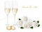 Wedding rings, roses bouquet and champagne.