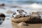 wedding rings on a smooth pebble with waves of the sea in the background