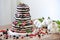 Wedding rustic naked cake with fruits on wooden background