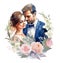 Wedding scene, bride and groom, flower arch, watercolor illustration,