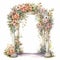 Wedding scene, flower arch, climbing roses, watercolor illustration