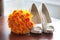 Wedding shoes and bouquet of orange roses