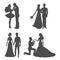 Wedding silhouette black picture of bride and bridegroom holding hands vector illustration. Silhoette of newly married