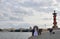 Wedding at the spit of Vasilievsky island on the background of t