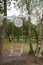 Wedding swing overgrown decorated with flowers hanging on the branches in the park