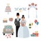 Wedding symbols bride bridegroom married couple, marriage car fat vector illustration.