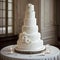 Wedding Theme, Large modern style multi-tiered wedding cake with soft white rose decoration, created with Generative AI