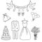 Wedding theme pattern. Cute and detailed set. Wedding dress, bouquet, cake