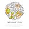 Wedding travel tour hand draw cartoon vector icon concept. Couple with hearts and champagne, travelling tickets with