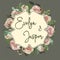 Wedding vertical floral invitation, invite card. Vector set pink rose flowers, eustoma cream, brunia, green fern, eucalyptus,