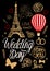 Wedding in a vintage Parisian style. Set illustrations elements Eiffel Tower, air balloon and lettering inscription.