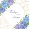 Wedding, watercolor flower card.Leaves, blooming branches eucalyptus, gaultheria, salal, chamaelaucium, seasonal fern.Blue, purple