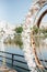 Wedding. Wedding ceremony. Wedding arch.Outdoor wedding ceremony.Wedding arch made of cloth and white and flowers