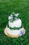 Wedding white two-tier cake with branches of greenery and lilac flowers of eustoma