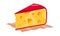 Wedge of appetizing creamy yellow holed cheese with red rind on napkin. Cheddar, maasdam.