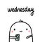 Wednesday hand drawn illustration with cute marshmallow holding smartphone