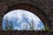 Weed growing in the window arch of a brick wall in the monastery