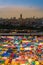 Weekend market colourful aerial view with city downtown background