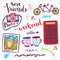 Weekend stickers romantic set of hand drawn elements with phone booth, photo card and tandem bike. For greeting card and decoratio