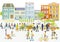 Weekly market in a shopping street, city life, illustration,