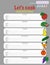 Weekly menu planner vector template with fruits and vegetables elements Lets cook