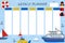 Weekly planner. Marine cartoon notebook sheet template, ships and boats poster for boys, water transport childish stationery
