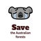 Weeping koala icon and the inscription Save the Australian Forests. Cartoon vector illustration