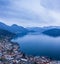 Weggis town, Switzerland. Lake Lucerne. Alps mountains in the snow. Aerial view