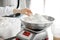 Weighing flour for baking at the manufacturing