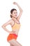 Weight loss concept. Cheerful young exercising woman, isolated o