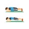 Weight loss concept, fat man exercising training in plank pose, before and after body mass index