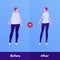 Before and after weight loss concept. Vector flat person illustration. Woman with overweight body and skinny slim figure. Design