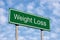 Weight Loss Green Road Sign, Bright Summer Cloudscape Sky, Roadside Signage Metaphor