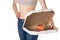Weight loss and healthy eating or dieting concept. Slim girl with open pizza box and red apple in it.