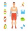 Weight Loss Person and Icons Vector Illustration