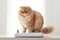 Weight monitoring concept. Overweight cat standing on weight scales. AI generative