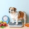 Weight monitoring concept. Overweight dog standing on weight scales. ai generative
