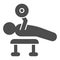 Weightlifting exercise line and solid icon. Bodybuilder lay and exercise with barbell symbol, outline style pictogram on