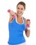 Weights, fitness and portrait of woman in a studio for arm strength workout, training or exercise. Smile, sports and