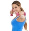 Weights, fitness and young woman in a studio for arm strength workout, training or exercise. Smile, sports and portrait