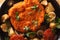 Weiner schnitzel, fried potatoes in a pan closeup. horizontal to