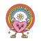 Weird cute heart character with rainbow in psychedelic 70 s style. Hippie, groove, retro and vintage isolated sticker