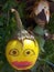 Weird garden decoration with an apple with painted face and a planter with a rusty tin scarecrow