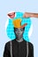 Weird picture portrait collage of young girl transgender spaghetti macaroni with sausage inside head isolated on blue